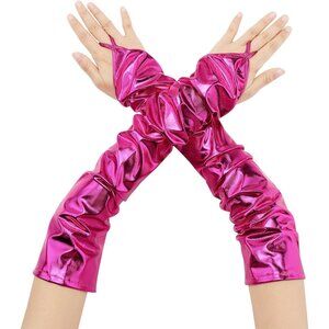 Women's Fuchsia Metallic Sparkle Shiny Finger Loop Gloves Fingerless Arm Length